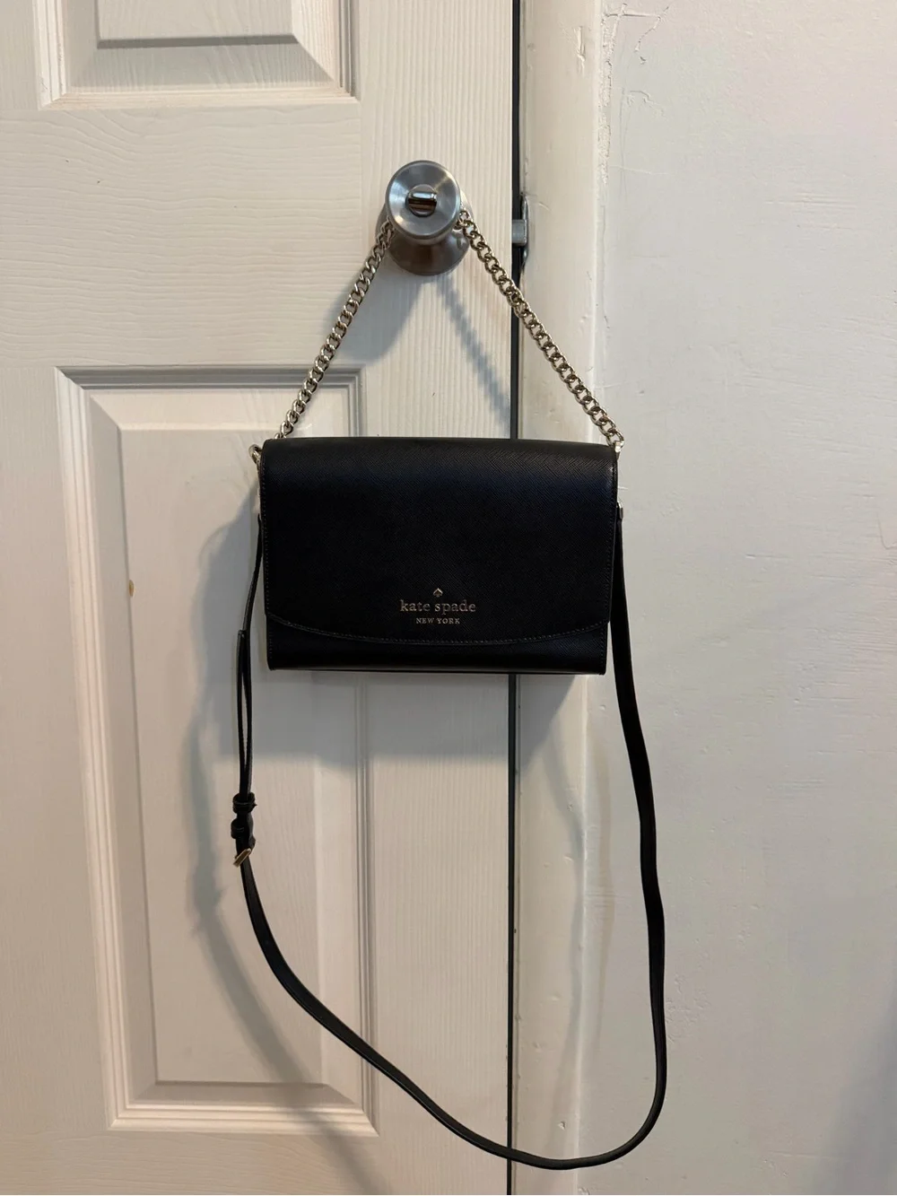 kate spade Black Leather Crossbody with Gold Chain